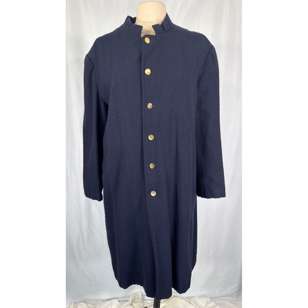Vintage Navy Blue Wool Blend Longline Coat Gold Crest Buttons Mandarin Collar